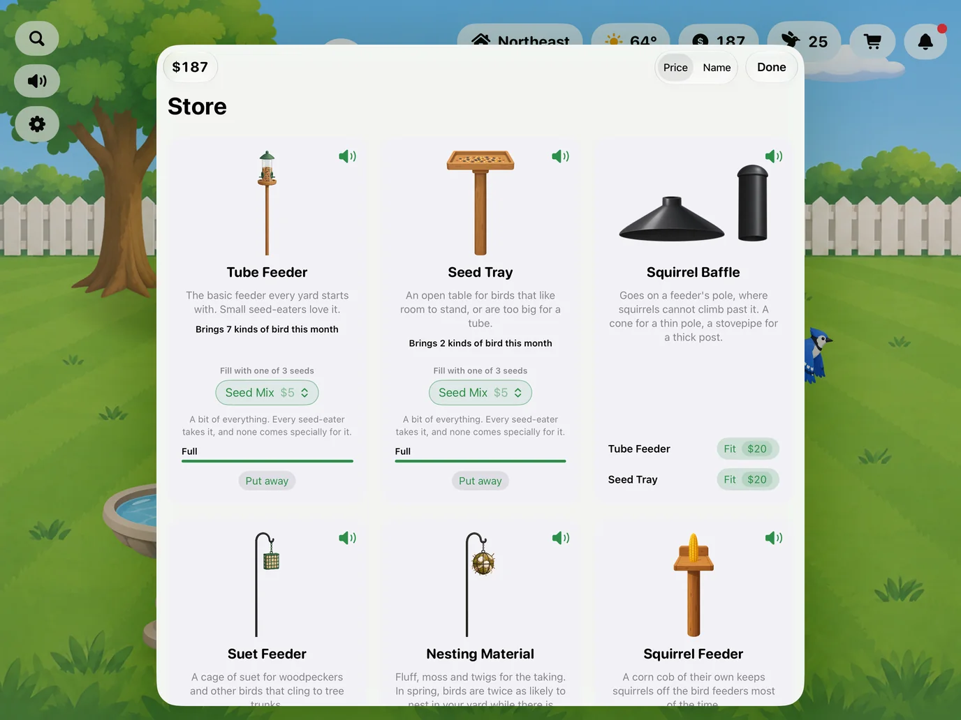 The store, with feeders and other things for the yard
